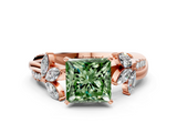 Rose gold Fancy Green Princess  Diamond Floral Vine Solitaire Engagement Ring