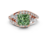 Rose gold Fancy Green Princess  Diamond Halo Ring with Marquise and Pavé Band in Prong Setting