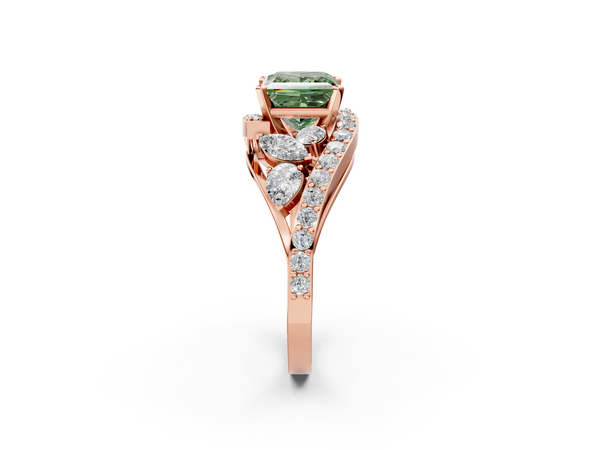 Rose gold Fancy Green Princess  Diamond Halo Ring with Marquise and Pavé Band in Prong Setting