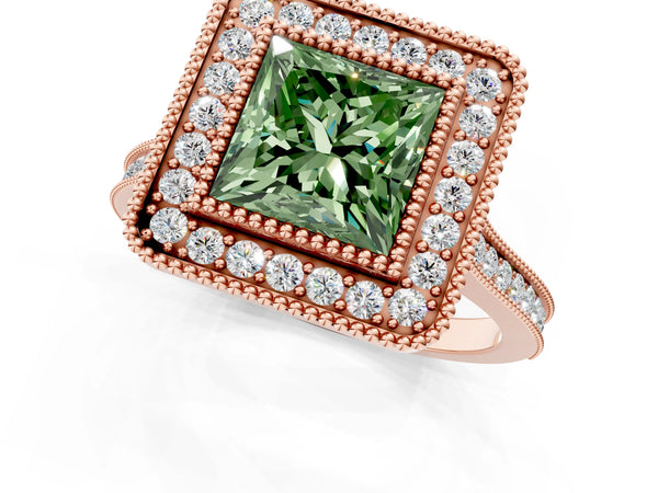 Rose gold Fancy Green Princess  Diamond Halo Ring with Milgrain Frame and Pavé Band