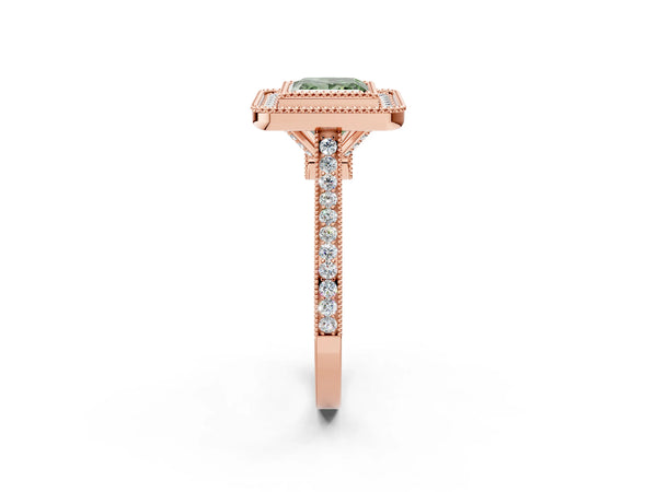 Rose gold Fancy Green Princess  Diamond Halo Ring with Milgrain Frame and Pavé Band