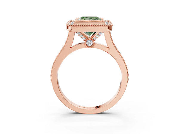 Rose gold Fancy Green Princess  Diamond Halo Ring with Milgrain Frame and Pavé Band
