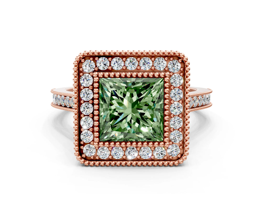 Rose gold Fancy Green Princess  Diamond Halo Ring with Milgrain Frame and Pavé Band