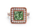 Rose gold Fancy Green Princess  Diamond Halo Ring with Milgrain Frame and Pavé Band