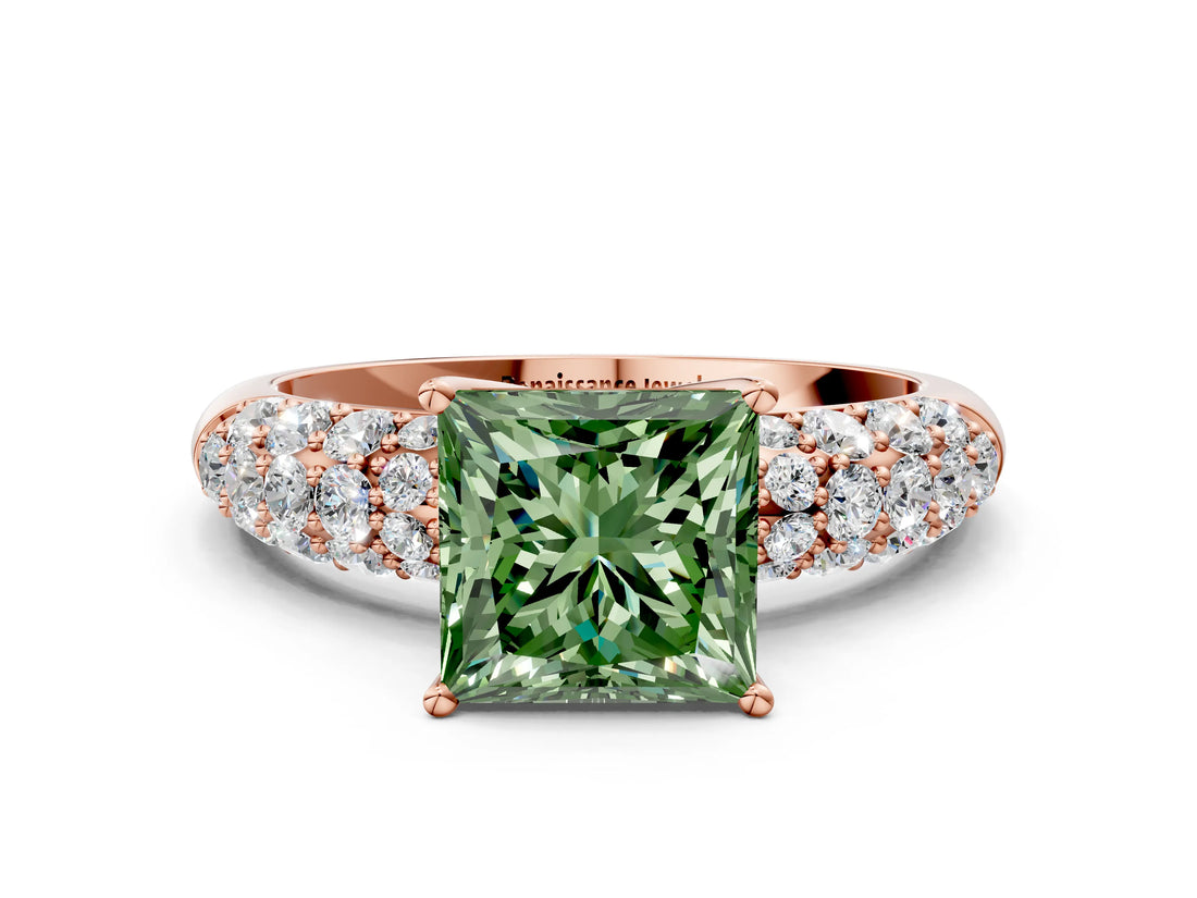 Rose gold Fancy Green Princess  Diamond Pavé Band Solitaire Ring with Four-Prong Setting_29