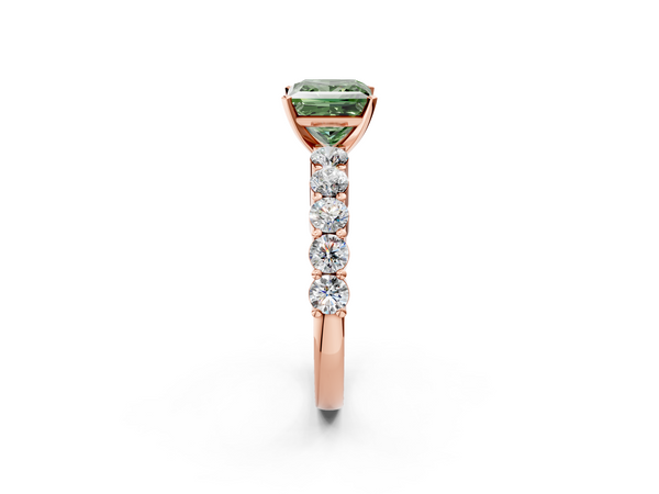 Rose gold Fancy Green Princess  Diamond Solitaire Ring with Shared Prong Round Side Stones
