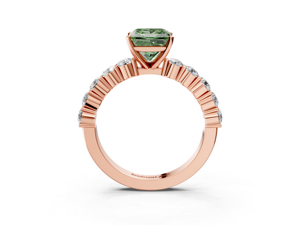 Rose gold Fancy Green Princess  Diamond Solitaire Ring with Shared Prong Round Side Stones