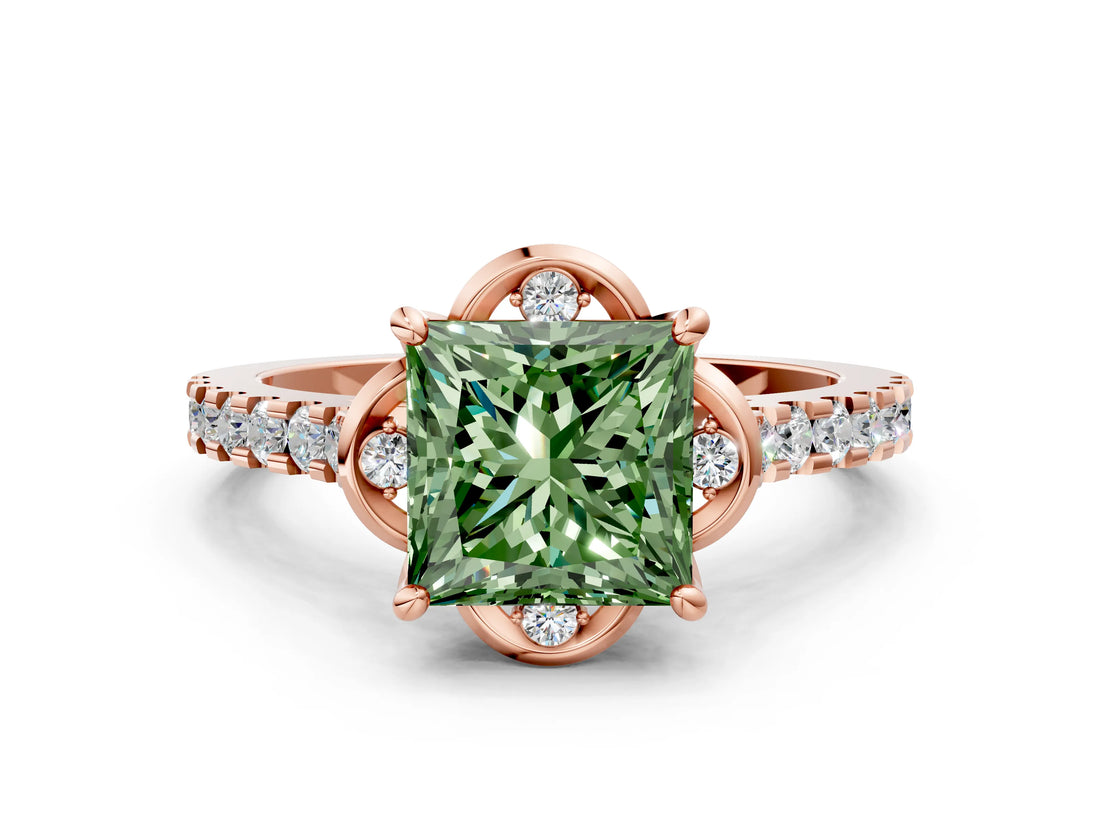 Rose gold Fancy Green Princess  Diamond Pave Band with Floral Prong Setting_27