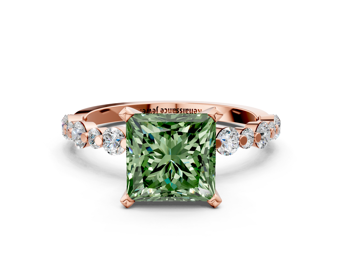 Rose gold Fancy Green Princess  Diamond Prong Set Engagement Ring with Pave Band
