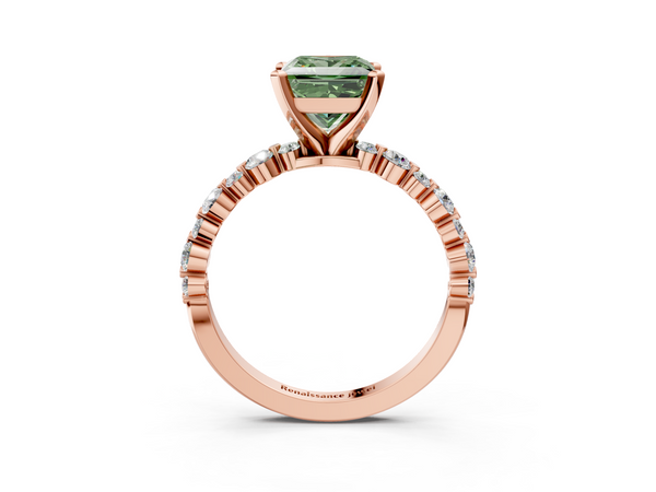 Rose gold Fancy Green Princess Cut Diamond Prong Set Engagement Ring with Pavé Band