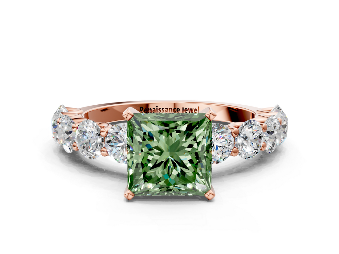 Rose gold Fancy Green Princess  Diamond Prong Setting with Side Stones on a Pave Band