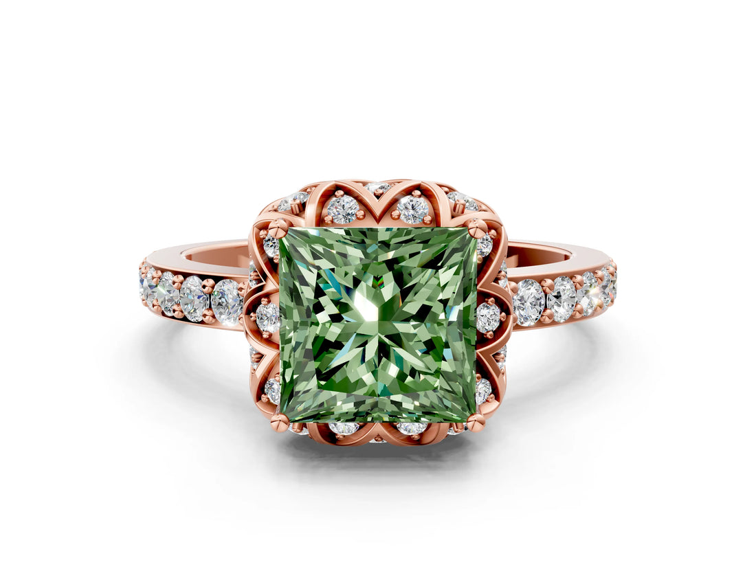 Rose gold Fancy Green Princess  Diamond Solitaire Ring with Shared Prong Pavé Band_16