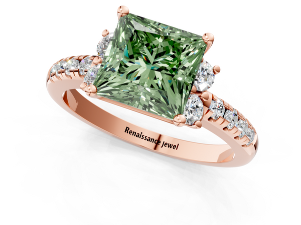 Rose gold Fancy Green Princess  Diamond Three-Stone Pave Band with Four-Prong Setting