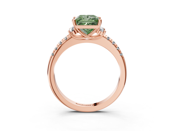 Rose gold Fancy Green Princess  Diamond Three-Stone Pave Band with Four-Prong Setting