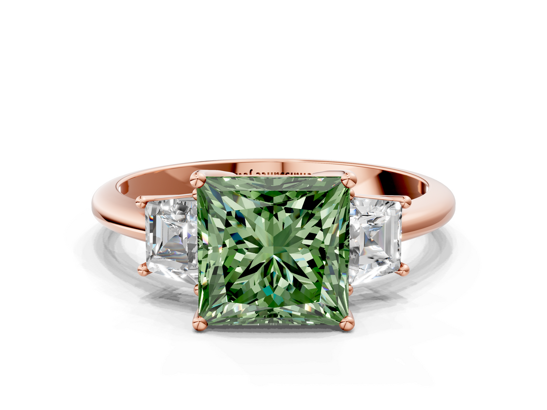 Rose gold Fancy Green Princess  Diamond Three-Stone Ring with Trapezoid Side Stones and Prong Setting