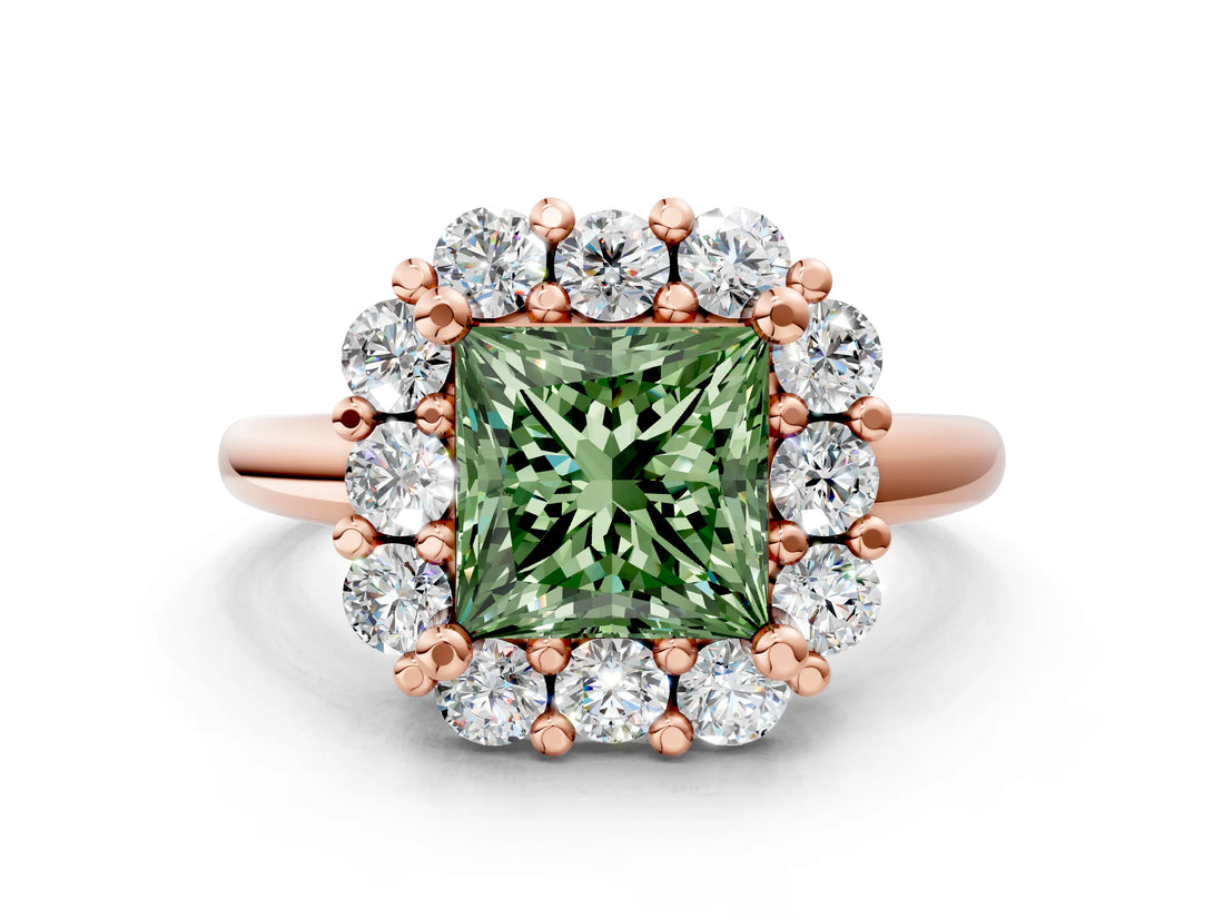 Rose gold Fancy Green Princess  Halo Cluster Diamond Engagement Ring with Prong Setting and Polished Band_20
