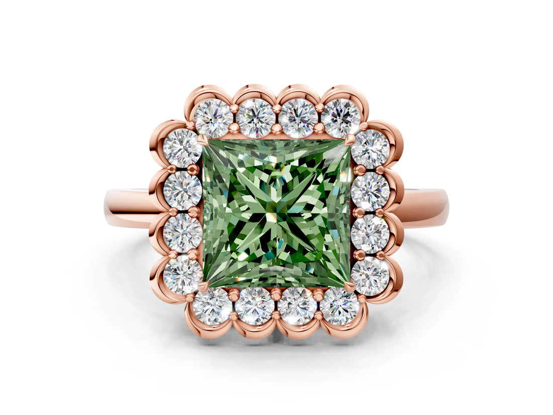 Rose gold Fancy Green Princess  Halo Cluster Diamond Engagement Ring with Solitaire Band and Prong Setting_47
