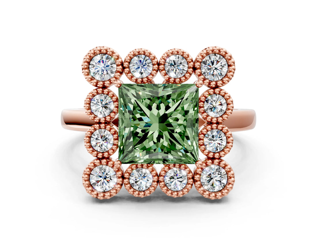 Rose gold Fancy Green Princess  Halo Diamond Cluster Engagement Ring with Milgrain Bezel Setting and Solitaire Band_39