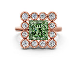 Rose gold Fancy Green Princess  Halo Diamond Cluster Engagement Ring with Milgrain Bezel Setting and Solitaire Band_39