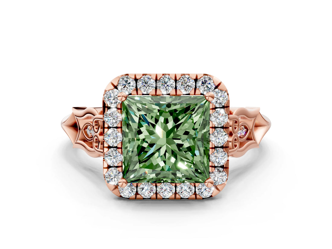 Rose gold Fancy Green Princess  Halo Diamond Engagement Ring with Filigree Band and Four-Prong Setting_81
