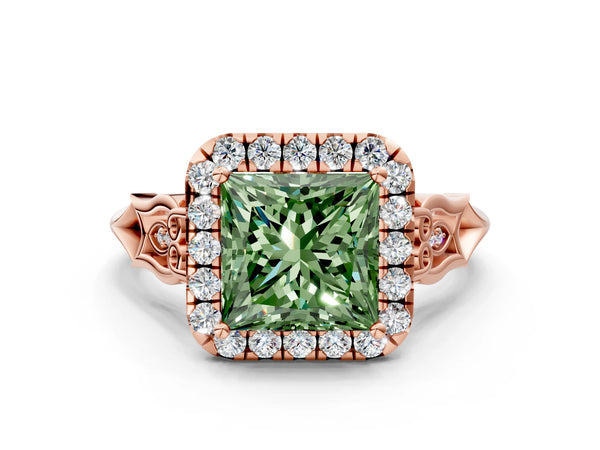 Rose gold Fancy Green Princess  Halo Diamond Engagement Ring with Filigree Band and Four-Prong Setting