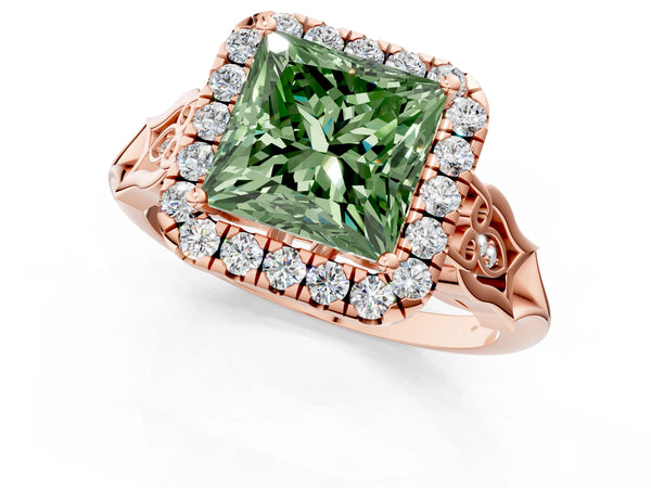 Rose gold Fancy Green Princess  Halo Diamond Engagement Ring with Filigree Band and Four-Prong Setting