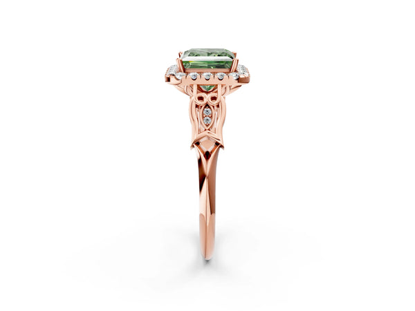 Rose gold Fancy Green Princess  Halo Diamond Engagement Ring with Filigree Band and Four-Prong Setting