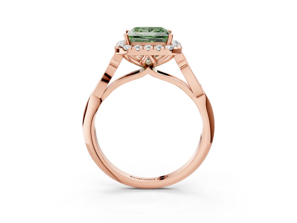 Rose gold Fancy Green Princess  Halo Diamond Engagement Ring with Filigree Band and Four-Prong Setting