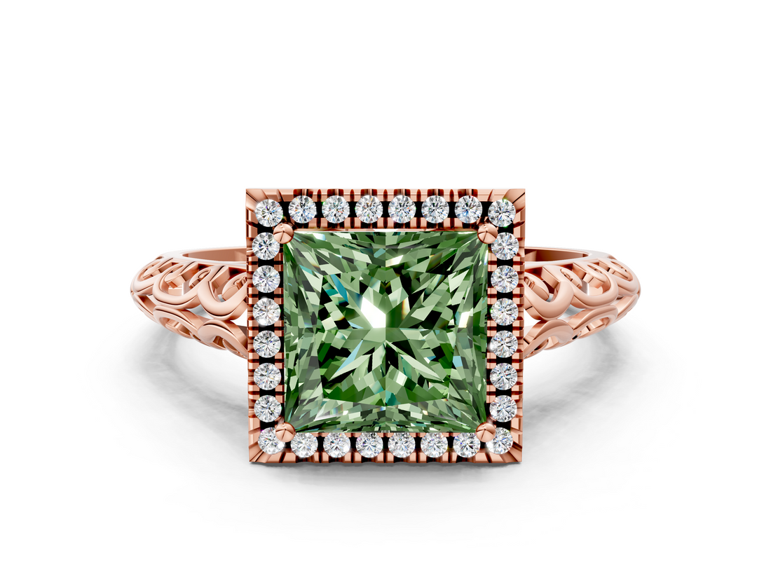 Rose gold Fancy Green Princess  Halo Diamond Engagement Ring with Intricate Filigree Band and Four-Prong Setting