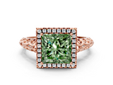 Rose gold Fancy Green Princess  Halo Diamond Engagement Ring with Intricate Filigree Band and Four-Prong Setting