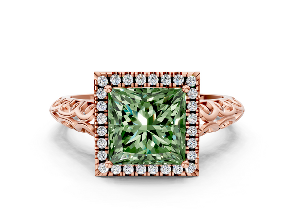 Rose gold Fancy Green Princess  Halo Diamond Engagement Ring with Intricate Filigree Band and Four-Prong Setting