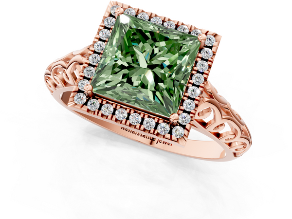 Rose gold Fancy Green Princess  Halo Diamond Engagement Ring with Intricate Filigree Band and Four-Prong Setting