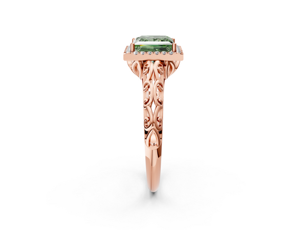 Rose gold Fancy Green Princess  Halo Diamond Engagement Ring with Intricate Filigree Band and Four-Prong Setting