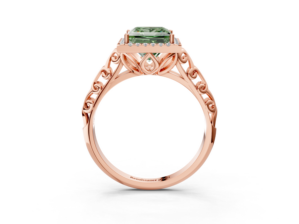 Rose gold Fancy Green Princess  Halo Diamond Engagement Ring with Intricate Filigree Band and Four-Prong Setting