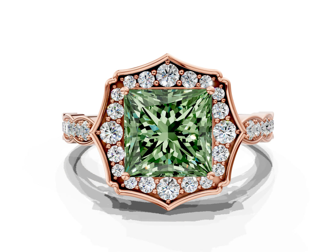 Rose gold Fancy Green Princess  Halo Diamond Engagement Ring with Milgrain Band and Four-Prong Setting_16