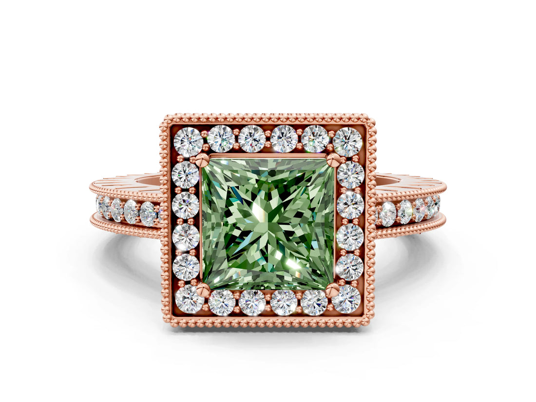 Rose gold Fancy Green Princess  Halo Diamond Engagement Ring with Milgrain Pave Band and Four-Prong Setting_147