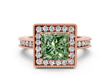 Rose gold Fancy Green Princess  Halo Diamond Engagement Ring with Milgrain Pave Band and Four-Prong Setting_147