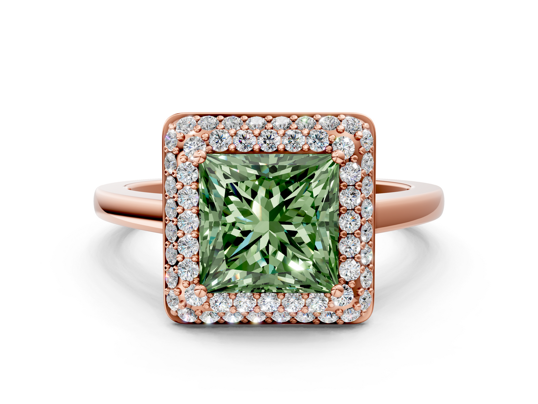 Rose gold Fancy Green Princess  Halo Diamond Engagement Ring with Solitaire Band and Four-Prong Setting