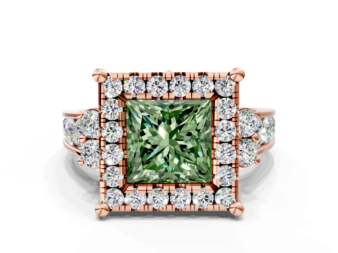 Rose gold Fancy Green Princess  Halo Diamond Engagement Ring with Split Shank and Four-Prong Setting_74