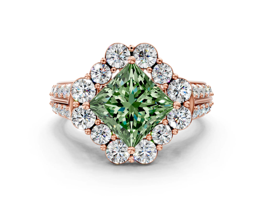 Rose gold Fancy Green Princess  Halo Diamond Engagement Ring with Split Shank and Prong Setting_29