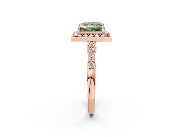 Rose gold Fancy Green Princess  Halo Diamond Engagement Ring with Twisted Band and Four-Prong Setting