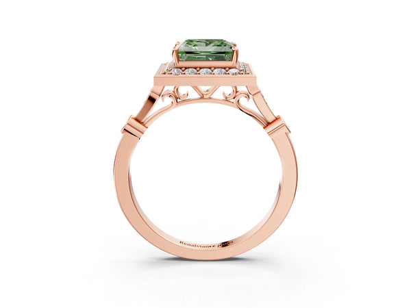 Rose gold Fancy Green Princess  Halo Diamond Engagement Ring with Twisted Band and Four-Prong Setting