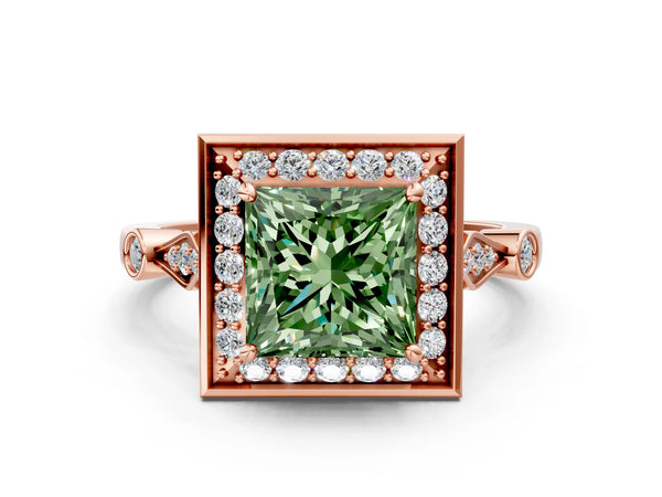 Rose gold Fancy Green Princess  Halo Diamond Engagement Ring with Twisted Band and Four-Prong Setting