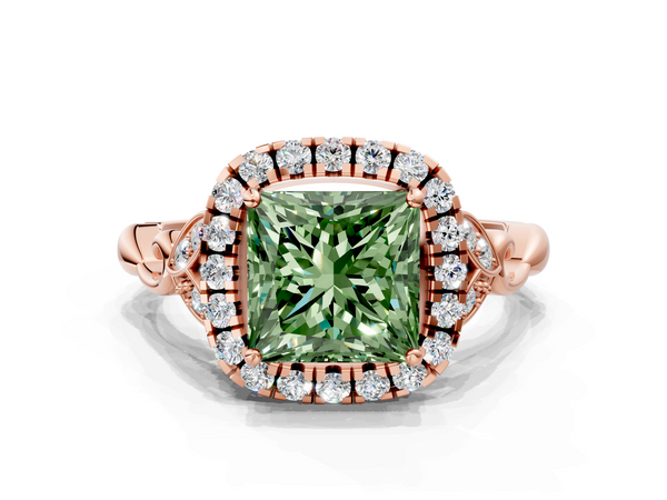 Rose gold Fancy Green Princess  Halo Diamond Engagement Ring with Vintage-Inspired Band and Four-Prong Setting