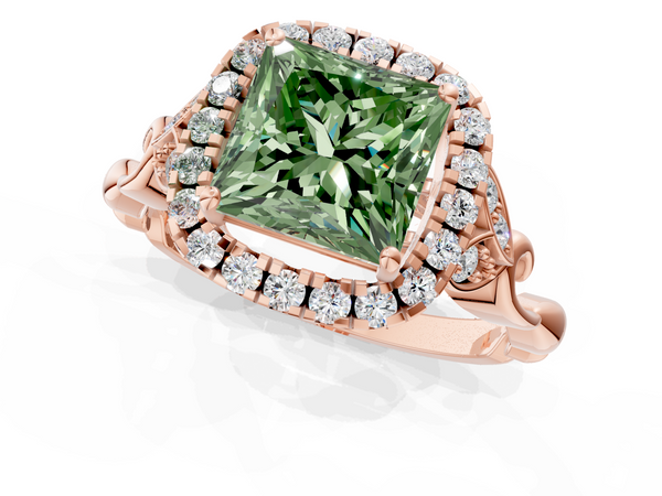 Rose gold Fancy Green Princess  Halo Diamond Engagement Ring with Vintage-Inspired Band and Four-Prong Setting
