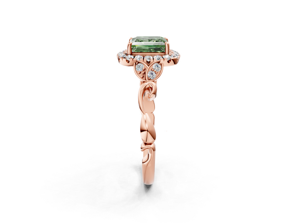 Rose gold Fancy Green Princess  Halo Diamond Engagement Ring with Vintage-Inspired Band and Four-Prong Setting