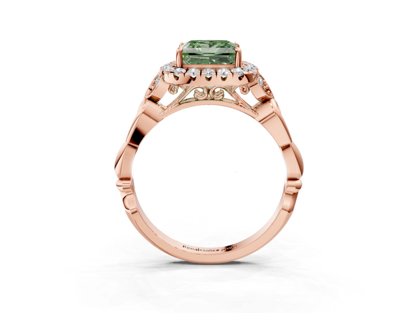 Rose gold Fancy Green Princess  Halo Diamond Engagement Ring with Vintage-Inspired Band and Four-Prong Setting