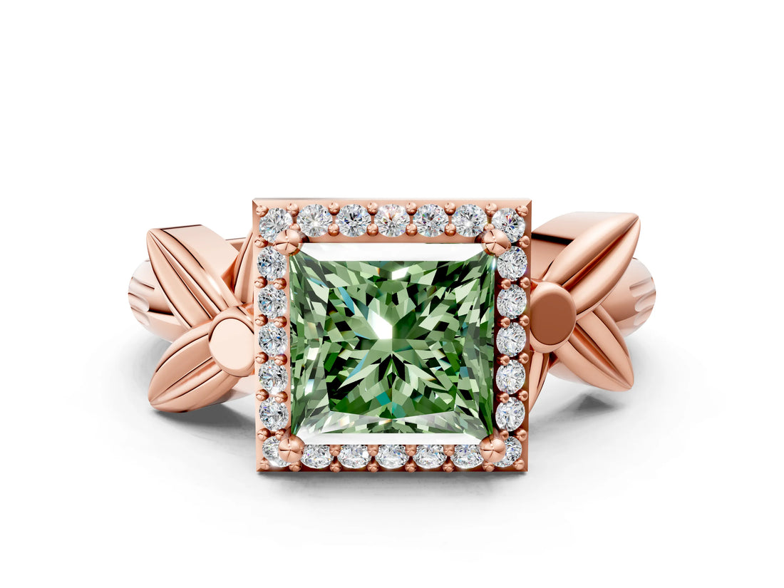 Rose gold Fancy Green Princess  Halo Diamond Floral Band with Four-Prong Setting_56