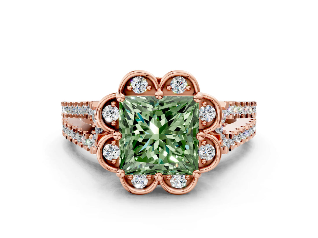 Rose gold Fancy Green Princess  Halo Diamond Floral Split Shank Engagement Ring 1