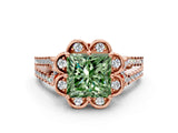 Rose gold Fancy Green Princess  Halo Diamond Floral Split Shank Engagement Ring 1